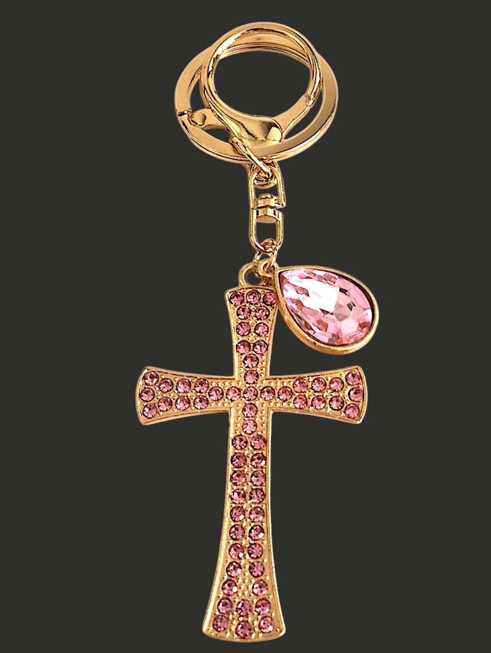 Elegant Cross Bag Charm / Keychain with Pink Crystals